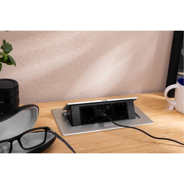 Мебельная розетка MULTISOFT, 2хSHUKO, USB A+C, RJ45, кабель 1.5 м, алюминий