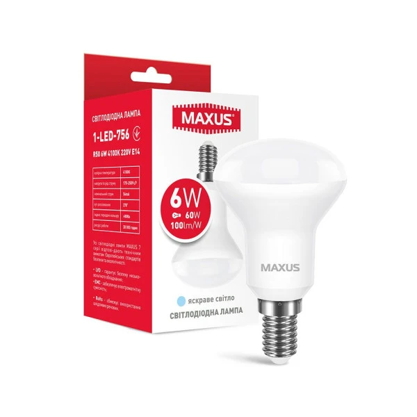 Лампа світлодіодна Maxus R50 6W 4100K 220V E14 (1-LED-756)