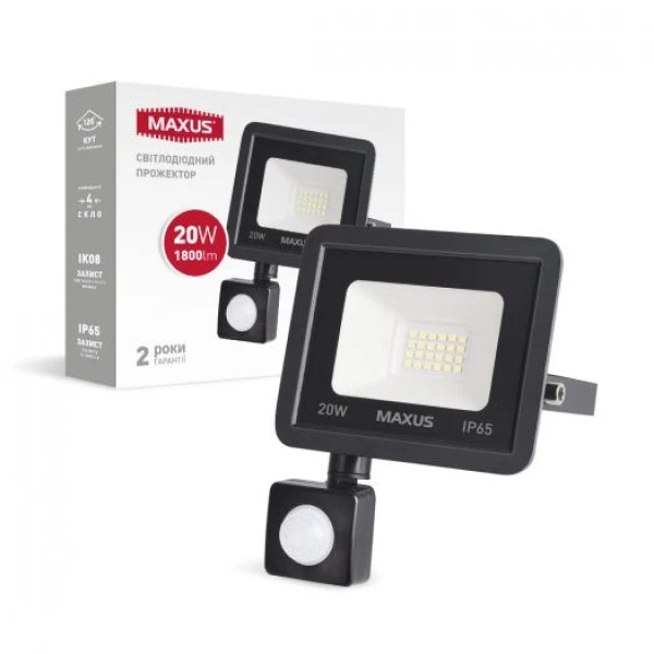 Прожектор 20W світлодіодний з датчиком руху MAXUS 5000K IP65 1-MFL-04-2050s