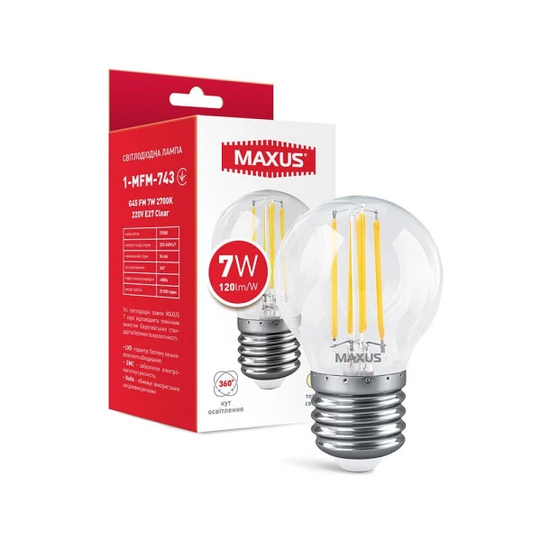 Лампа світлодіодна Maxus G45 FM 7W 2700K 220V E27 Clear