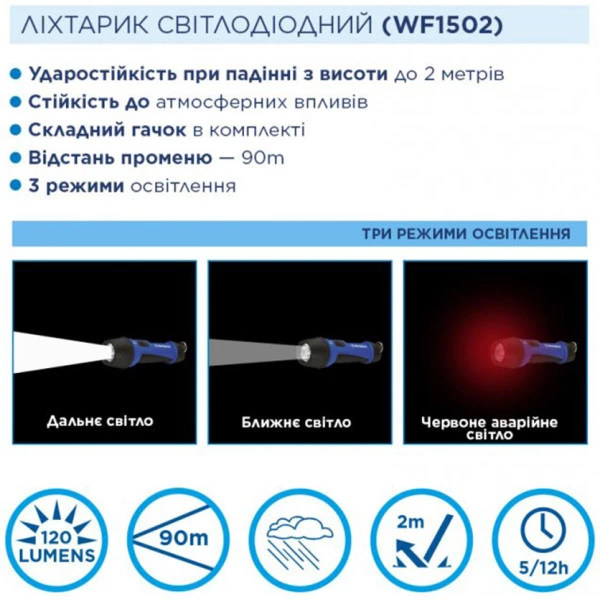 Ліхтар протиударний вологозахищений Westinghouse 3W LED WF1502 + 4xAAA LR03 дальнє, ближнє, sos