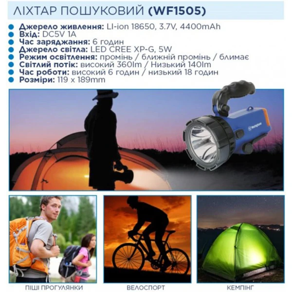 Ліхтар пошуковий Westinghouse 5W LED WF1505-CB + Мicro USB кабель в комплекті