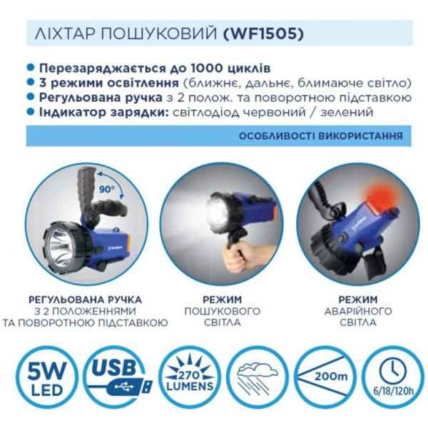 Ліхтар пошуковий Westinghouse 5W LED WF1505-CB + Мicro USB кабель в комплекті