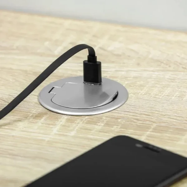Мебельная розетка CHARGER MINI, Ø60 мм, 1хSHUKO, 1xUSB-A 2.4A, кабель 1.9 м, алюминий