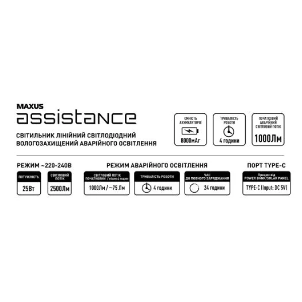 Линейный аварийный светильник Maxus assistance LINE EMERGENCY 600mm 25W 5000K IP65 Gray