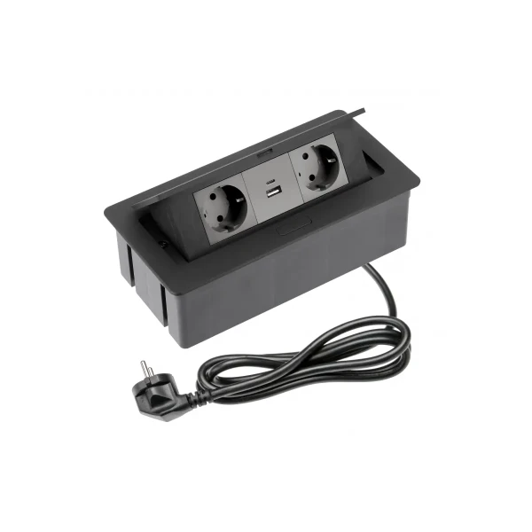 Розетка меблева GTV SOFT 2xSchuko, USB A+C, кабель живлення з вилкою, чорний (AE-PBSUC2GS-20NN)