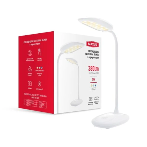 Настільна світлодіодна лампа з вбудованим акумулятором MAXUS Desk Lamp 5W 3CCT WH Battery
