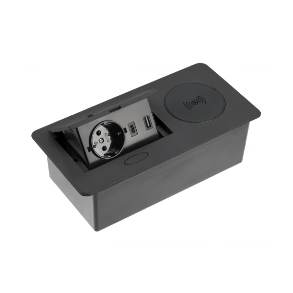 Мебельная розетка AVARO PLUS, 1хSHUKO, USB A+C, индукционное зарядное устройство 5 Вт, кабель 1.5 м, черный