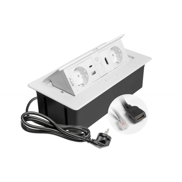 Меблева розетка GTV MULTISOFT, 2хSHUKO, USB A+C, RJ45, HDMI, кабель 1.5 м, білий