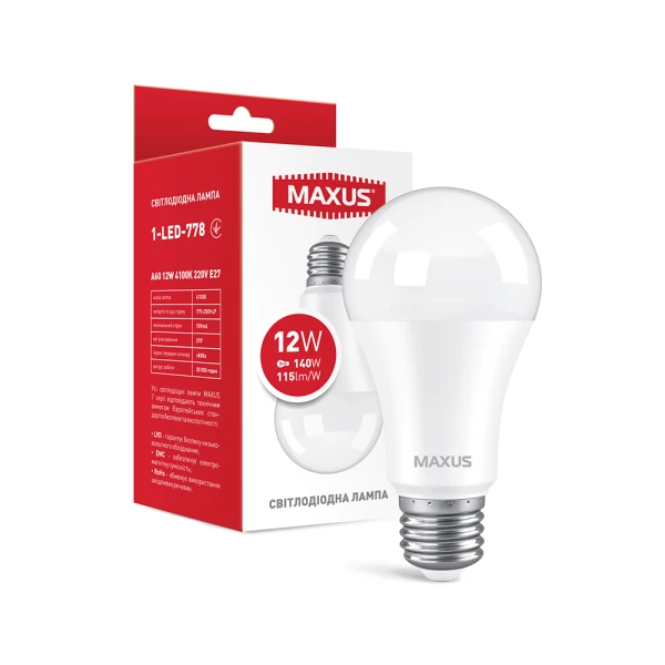 Светодиодная лампа MAXUS A60 12W 4100K 220V E27 (1-LED-778)