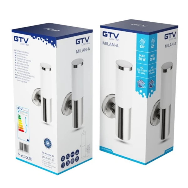 Світильник садовий GTV MILAN-A, E27, max.20W, IP54, бра, інокс