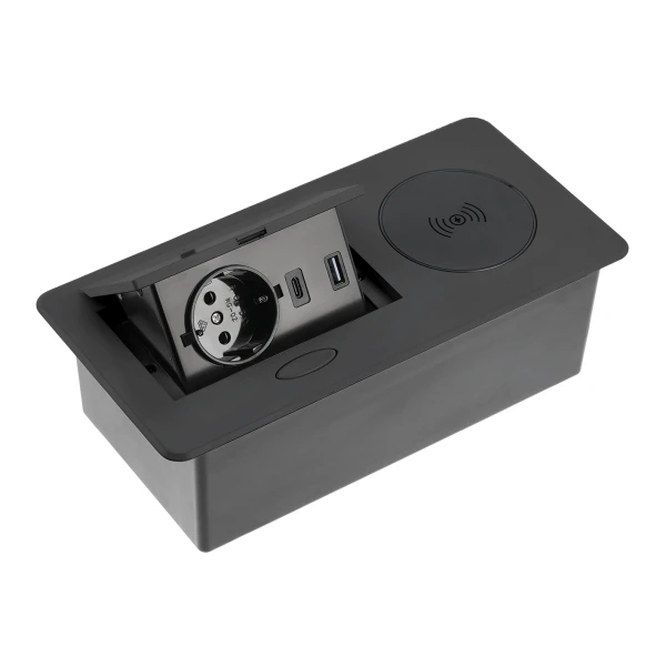 Мебельная розетка AVARO PLUS, 1хSHUKO, USB A+C, индукционное зарядное устройство 5 Вт, кабель 1.5 м, черный