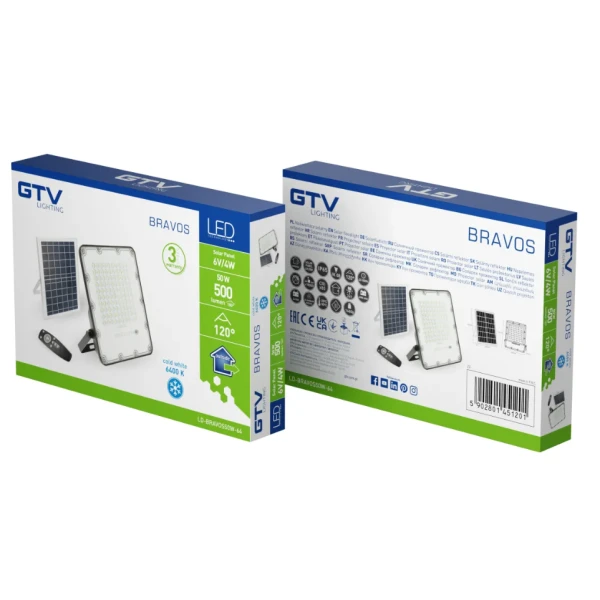 Прожектор GTV BRAVOS, сонячна панель, 100W, 6400K, IP65, 120°, на пульті (LD-BRAVOS100W-64)