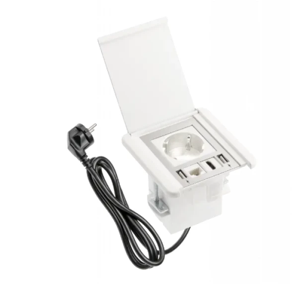 Мебельная розетка FLIP, 1хSHUKO, 2xUSB-A, HDMI, RJ45 кабель 1.5 м, белый