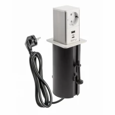 Подовжувач GTV врізний-висувний квадратний TOWER, 1xSCHUKO, 1xUSB A, 1xTYPE-C, кабель 1,5м, білий/інокс (AE-GMW1STOW-10)