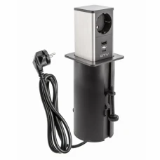 Подовжувач GTV врізний-висувний квадратний TOWER, 1xSCHUKO, 1xUSB A, 1xTYPE-C, кабель 1,5м, чорний/інокс (AE-GMW1STOW-20)