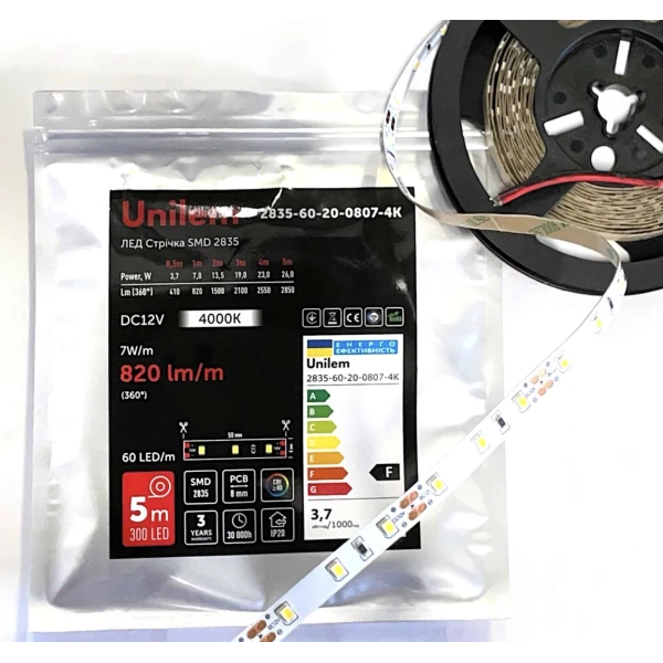 Стрічка Unilem SMD, 12V, 8mm, 7W/m, 4000К, Ra>80, IP20, 5м (2835-60-20-0807-4К)