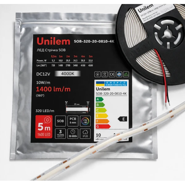Стрічка Unilem SOB, 12V, 8mm, 10W/m, 4000К, Ra>80, IP20, 5м (SOB-320-20-0810-4К)